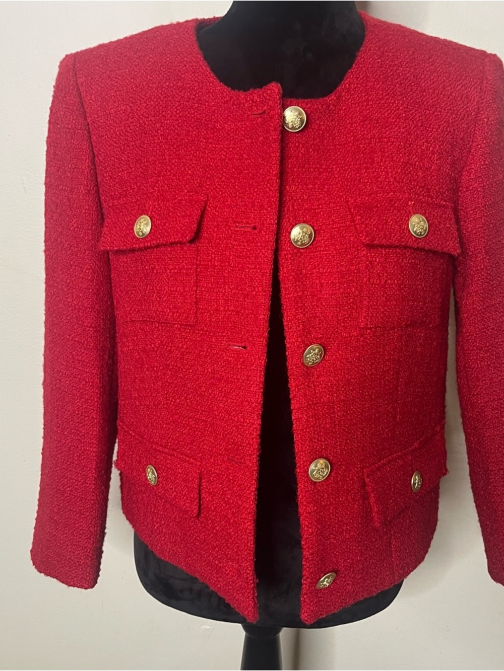 J. Crew Red Bouclé Military-Style Button Jacket - Picture 4 of 16